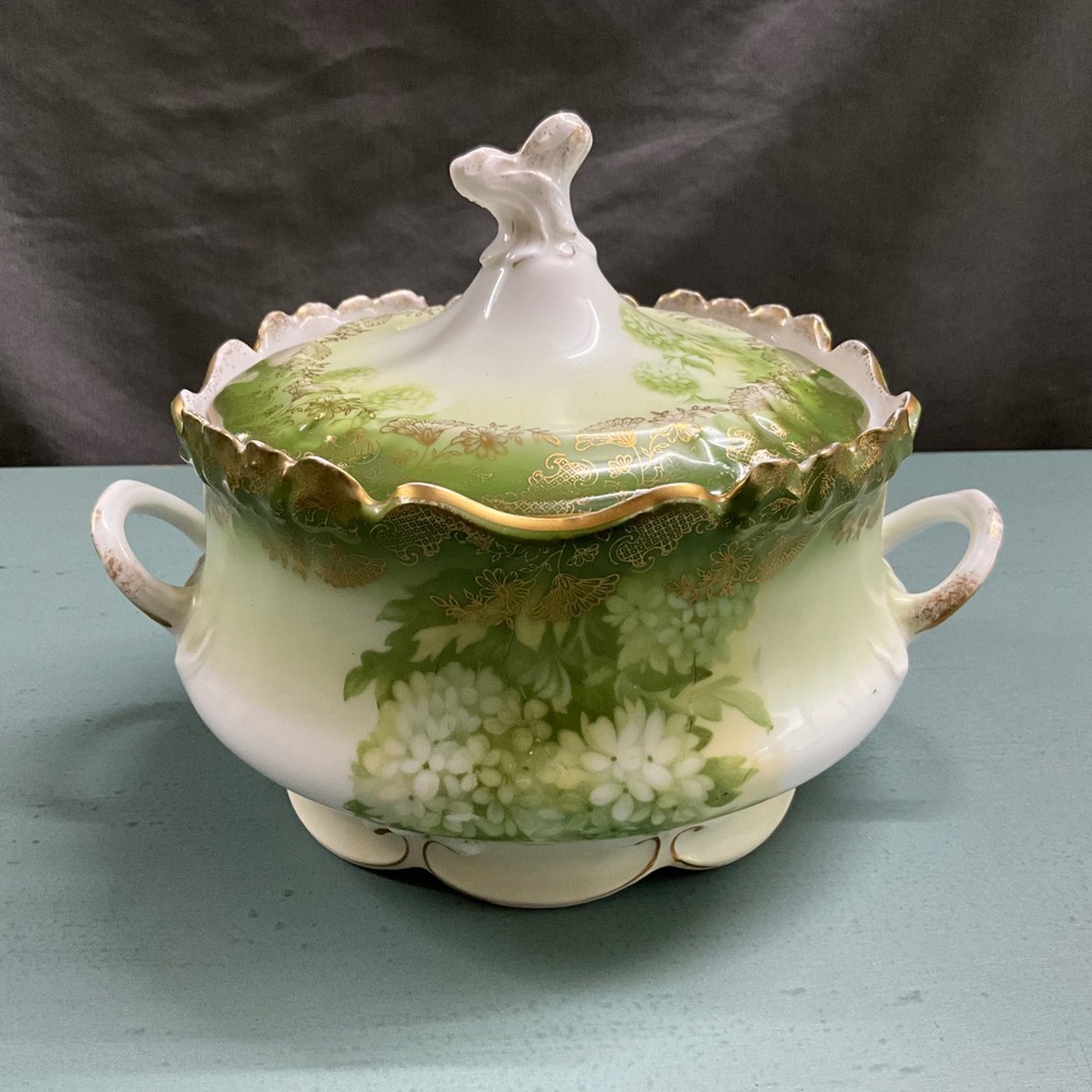 Vintage RC Bavaria Pensee Porcelain Lidded Tureen Green Floral Gold Gilt G001